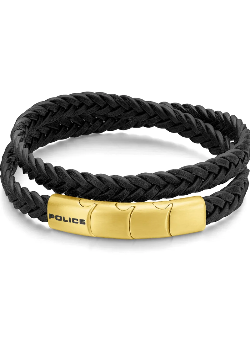 POLICE Braid Black Leather Gold Plated Stainless Steel Gents Bracelet