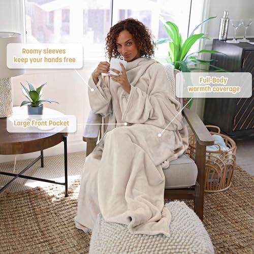 Catalonia Wearable Blanket with Sleeves and Pocket, Cozy Soft Fleece Mink Micro Plush Wrap Throws Blanket Robe for Women and Men - Image 3