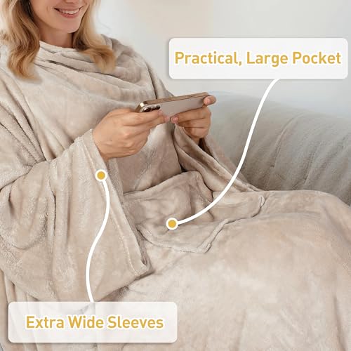 Catalonia Wearable Blanket with Sleeves and Pocket, Cozy Soft Fleece Mink Micro Plush Wrap Throws Blanket Robe for Women and Men - Image 5