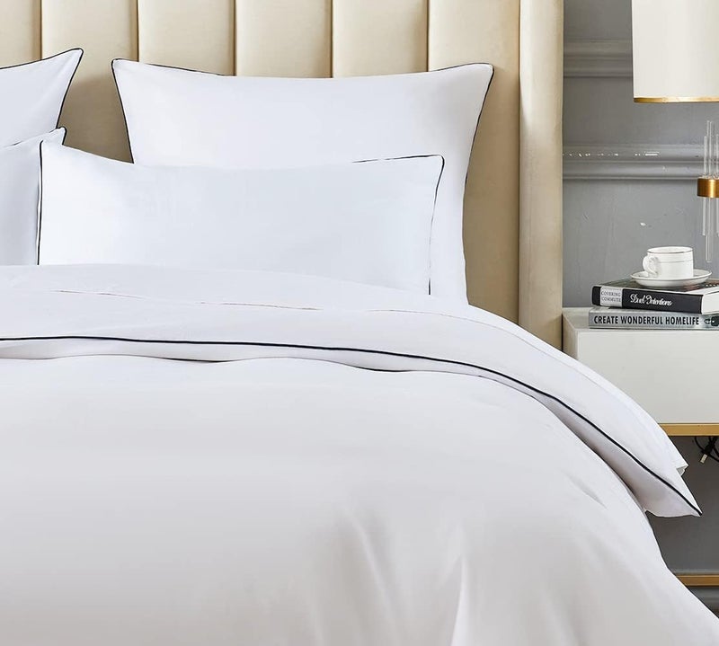 DAUAOTO Duvet Cover Full/Queen Set, White with Decorative Navy Piping Microfiber Bedding, 1 90"X90" Cover + 2 20"X26" Shams - Image 2