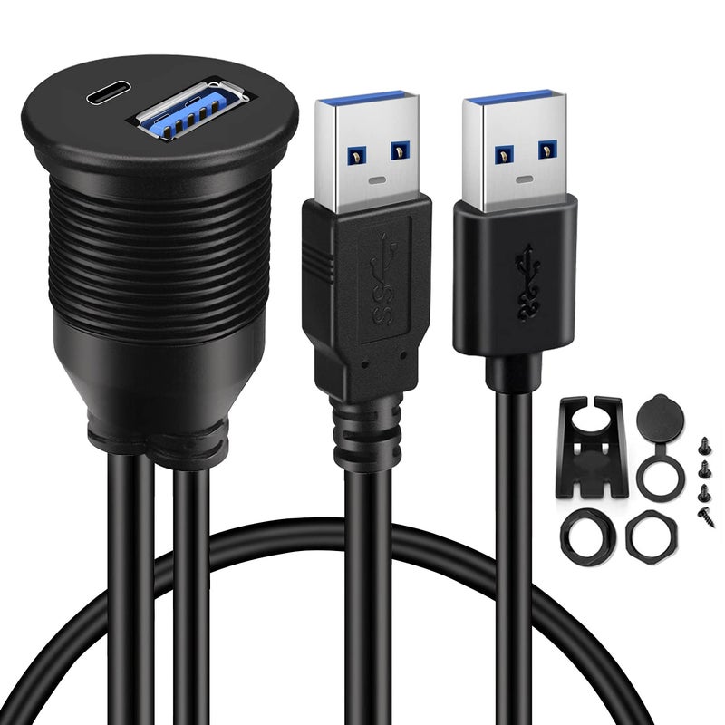 BATIGE USB 3.0 to Type C 3.0 Car Mount Flush Cable Dual Port Male to Female Extension Waterproof Cable for Car Truck Boat Motorcycle Dashboard Panel - 3ft - Image 1
