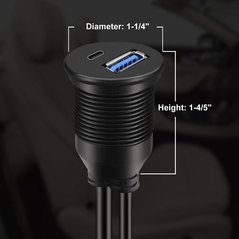 BATIGE USB 3.0 to Type C 3.0 Car Mount Flush Cable Dual Port Male to Female Extension Waterproof Cable for Car Truck Boat Motorcycle Dashboard Panel - 3ft - Image 4