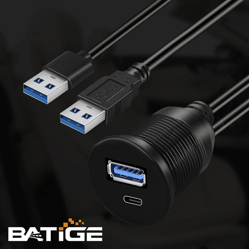 BATIGE USB 3.0 to Type C 3.0 Car Mount Flush Cable Dual Port Male to Female Extension Waterproof Cable for Car Truck Boat Motorcycle Dashboard Panel - 3ft - Image 5