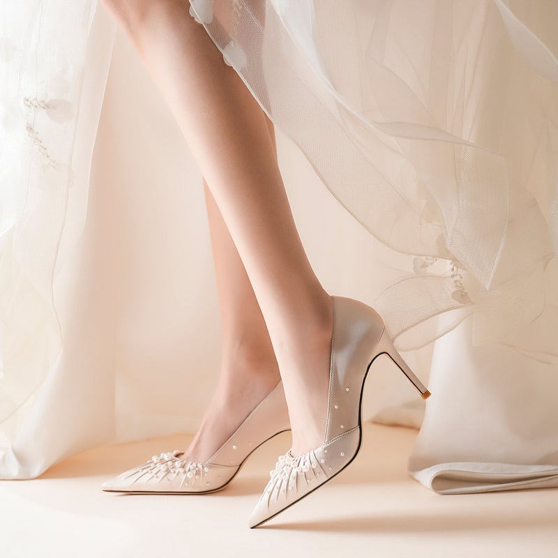 Elegant 2025 New Arrival Women's Pointed Toe High Heel Shoes with Pearl Beads, Champagne Color, 6-8CM Heel, Sizes 34-39 - Image 2
