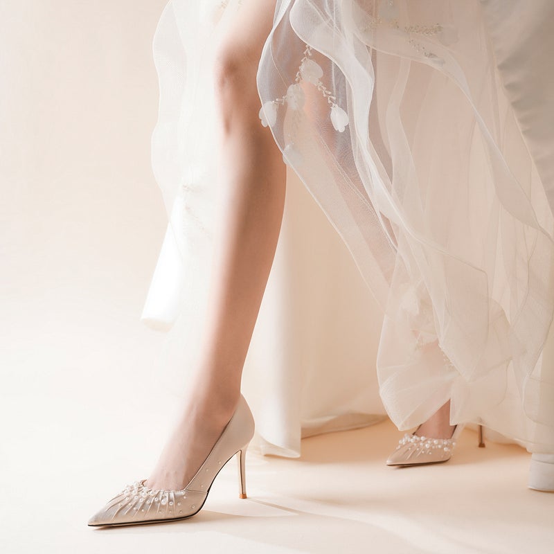 Elegant 2025 New Arrival Women's Pointed Toe High Heel Shoes with Pearl Beads, Champagne Color, 6-8CM Heel, Sizes 34-39 - Image 3