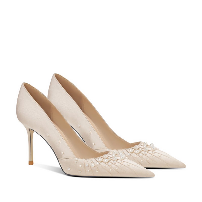 Elegant 2025 New Arrival Women's Pointed Toe High Heel Shoes with Pearl Beads, Champagne Color, 6-8CM Heel, Sizes 34-39 - Image 1