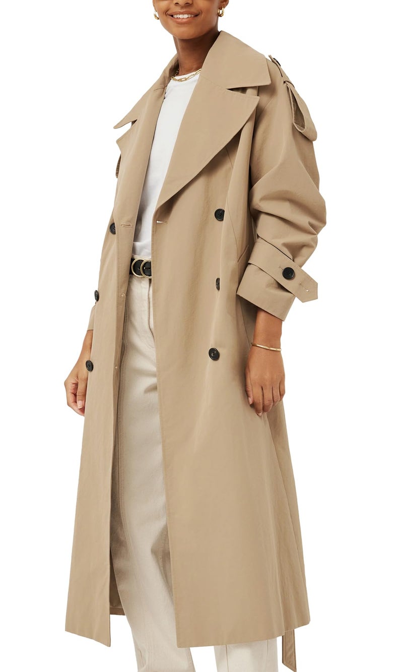 Farktop Womens Oversized Long Trench Coat Double Breasted Lapel Windproof Overcoat with Belt - Image 2