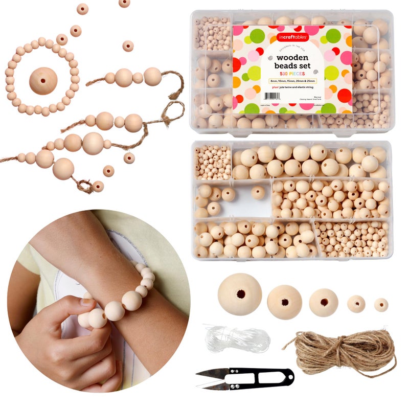 Incraftables Natural Wooden Beads for Crafts 530pcs 8mm 10mm 15mm 20mm  25mm Best Wood Beads with Holes Bulk Unfinished DIY Large  Small Wooden Craft Beads