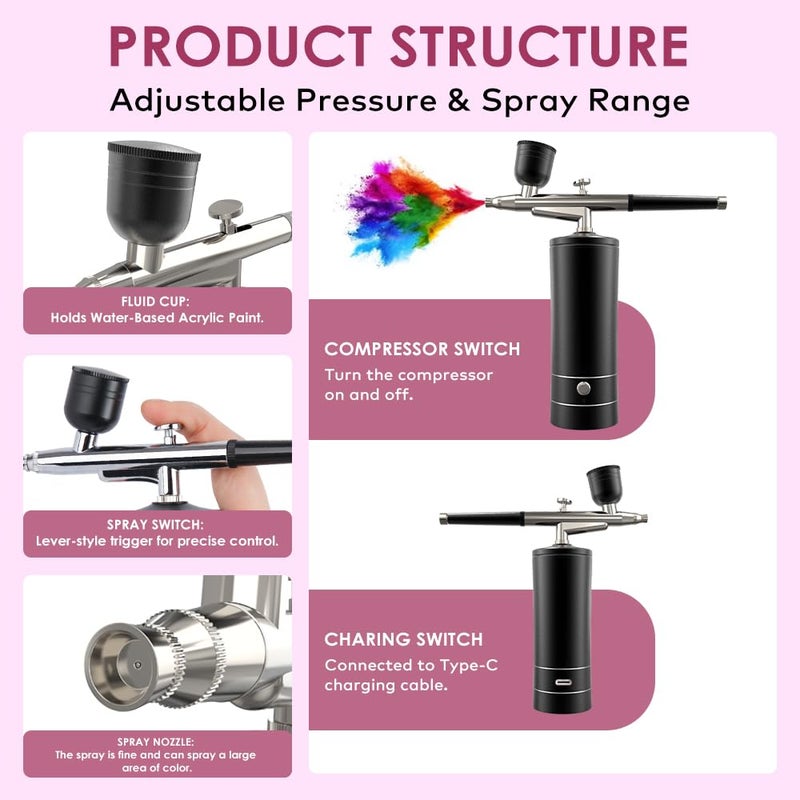BORNBYME Airbrush Kit with Compressor, Bornbyme Airbrush for Nails Paint Sprayer DIY Air Brush Spray Gun for Painting, Ombre Nails, Makeup, Cake Baking, Barber and Tattoo, Black - Image 4