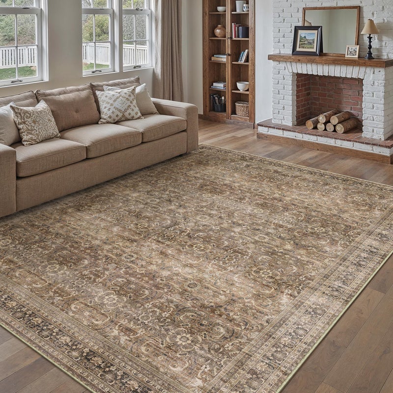 HUGEAR Area Rug 6x9 Vintage Brown Machine Washable Living Room Rugs Distressed Retro Floral Vacuumable Low Pile Carpet Bedroom Office Dining Room Laundry Room Non Slip Soft Lightweight - Image 3