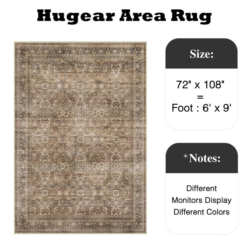 HUGEAR Area Rug 6x9 Vintage Brown Machine Washable Living Room Rugs Distressed Retro Floral Vacuumable Low Pile Carpet Bedroom Office Dining Room Laundry Room Non Slip Soft Lightweight - Image 2