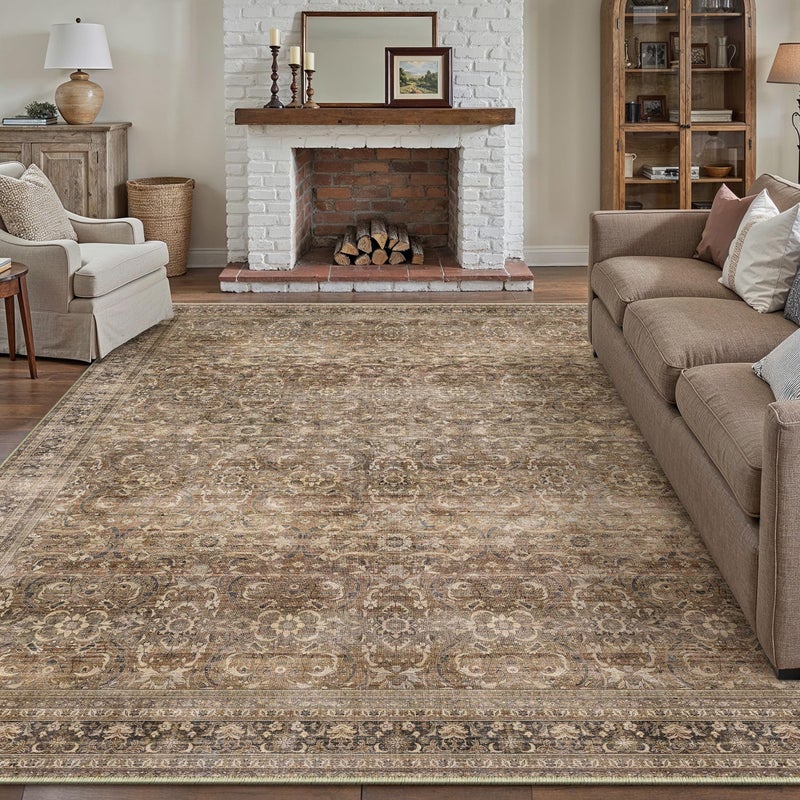 HUGEAR Area Rug 6x9 Vintage Brown Machine Washable Living Room Rugs Distressed Retro Floral Vacuumable Low Pile Carpet Bedroom Office Dining Room Laundry Room Non Slip Soft Lightweight - Image 1