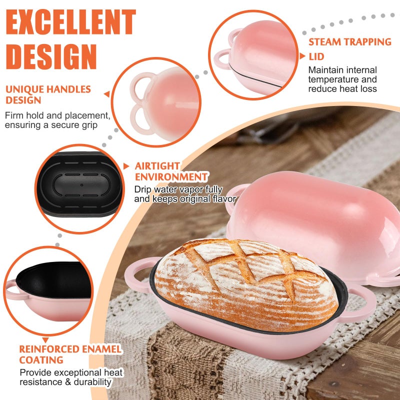 NSIRONS Enameled Cast Iron Sourdough Bread Oven, Loaf Cast Iron Dutch Oven for Homemade Bread Baking, 5QT Sourdough Loaf Pan with Lid (Gradient Pink) - Image 3