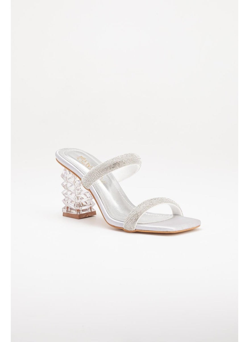 Dilimler Ayakkabı - Slices Shoes Transparent Heels Row Stone Silver Women's Evening Dress Slippers Shoes - Image 1