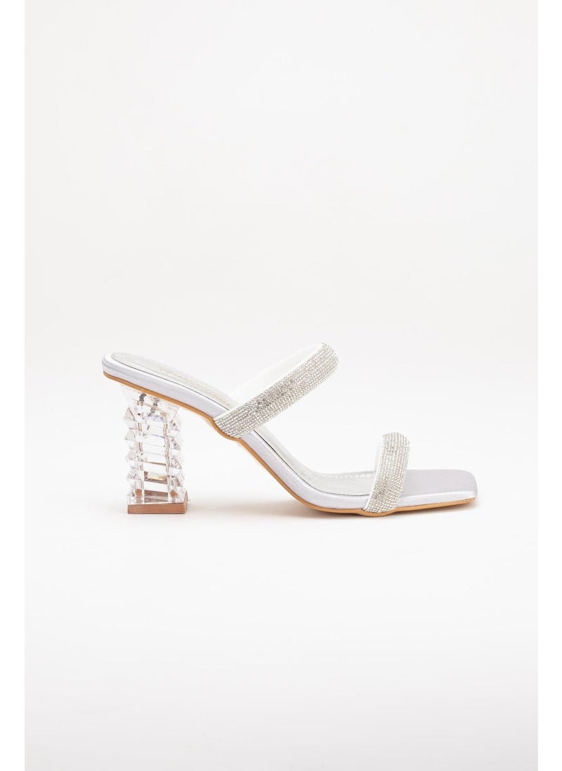 Dilimler Ayakkabı - Slices Shoes Transparent Heels Row Stone Silver Women's Evening Dress Slippers Shoes - Image 1