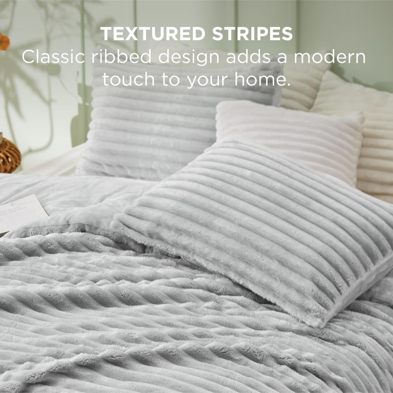 Bedsure Comforter Set Queen Size - GentleSoftâ„¢ 3 Pieces Double-Side Fleece Fluffy Light Grey Comforter Set, Cozy Striped Room Decor Aesthetic, Luxury Bedding Queen Size, 2 Pillowcases, 90x90 Inches - Image 5