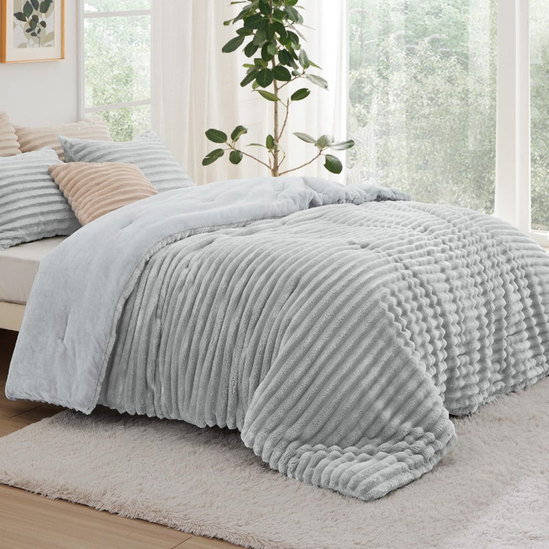 Bedsure Comforter Set Queen Size - GentleSoftâ„¢ 3 Pieces Double-Side Fleece Fluffy Light Grey Comforter Set, Cozy Striped Room Decor Aesthetic, Luxury Bedding Queen Size, 2 Pillowcases, 90x90 Inches - Image 3
