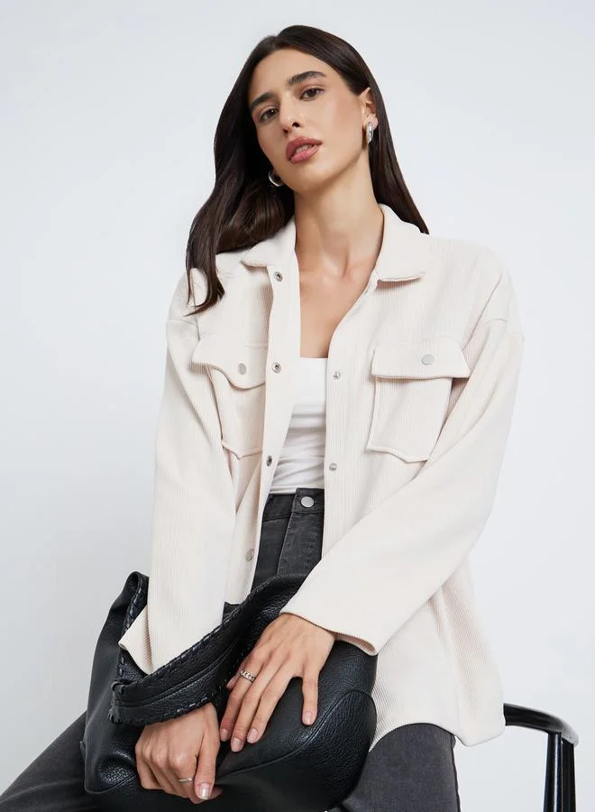 Styli Off White Oversized Corduroy Shacket