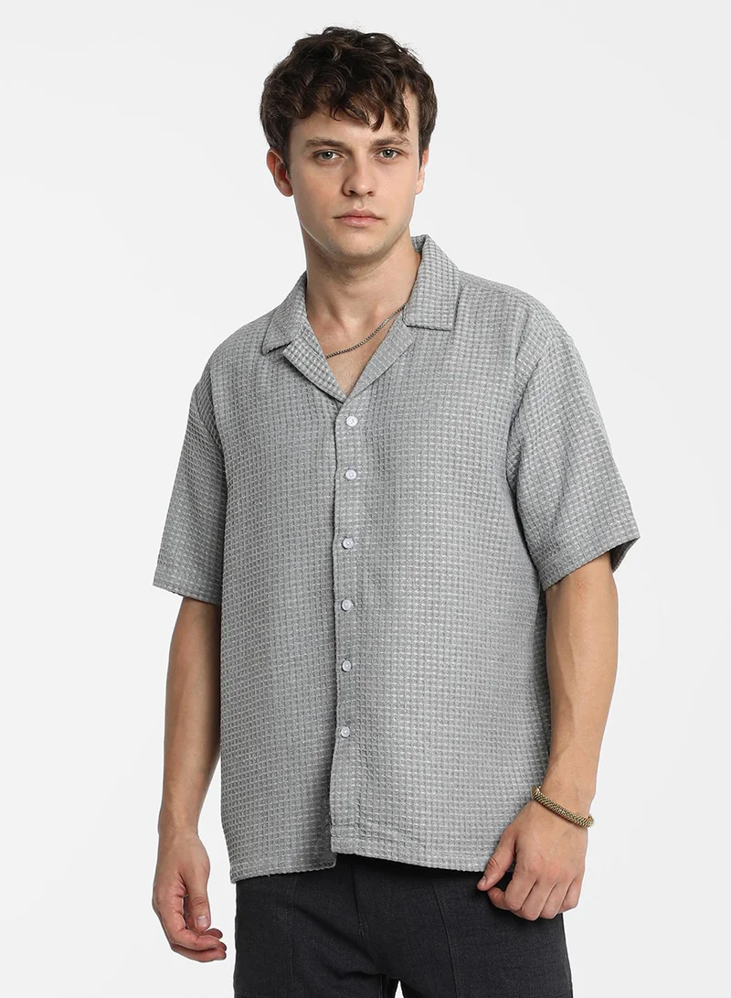 Campus Sutra Men's Moon Grey Waffle Knit Oversized Shirt