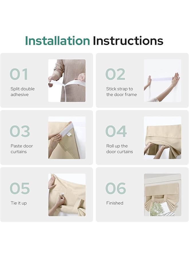 erorex Light Blocking Door Curtain Non Punching Self Adhesive Velcro Curtains French Door Privacy Curtains Stylish Thermal Insulated Tie Up Shades For Bedroom Beige 26 Inch W*80 Inch L - Image 2