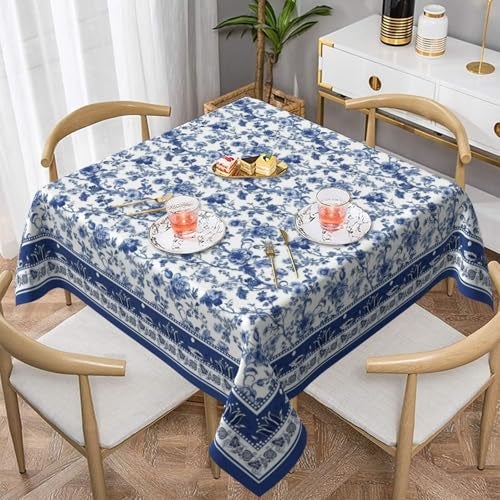 Sorktse Blue Floral Tablecloth Square 54 Inch Vintage Blue and White Floral Table Cloth Polyester Fabric Boho Style Flowers Table Cover for Home Holiday Party Dining Picnic Outdoor Decor - Image 2
