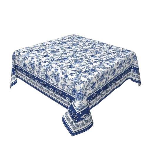 Sorktse Blue Floral Tablecloth Square 54 Inch Vintage Blue and White Floral Table Cloth Polyester Fabric Boho Style Flowers Table Cover for Home Holiday Party Dining Picnic Outdoor Decor - Image 1