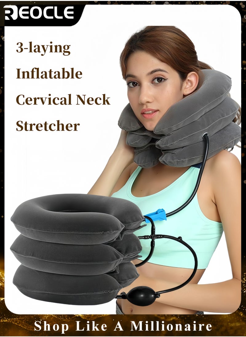 REOCLE Cervical Neck Traction Device Adjustable Neck Stretcher 3-laying Inflatable Neck Support with Pressure Gauge for Instant Neck Pain Relief and Neck Decompression  - Image 1