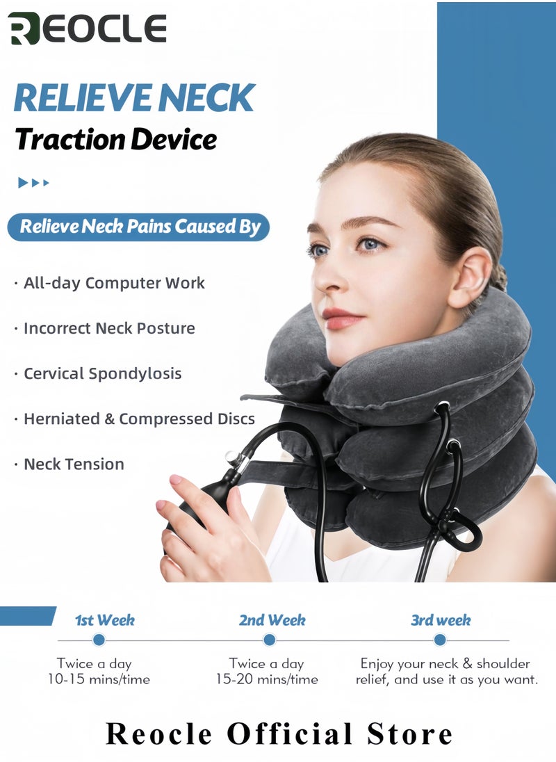 REOCLE Cervical Neck Traction Device Adjustable Neck Stretcher 3-laying Inflatable Neck Support with Pressure Gauge for Instant Neck Pain Relief and Neck Decompression  - Image 2