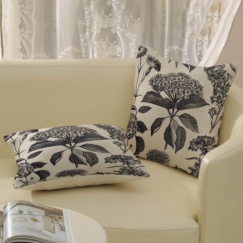 DAFENA Black Pillow Covers 18x18 Inch 2 Pcs Boho Vintage Floral Decor Throw Pillows Hydrangea Flower Seasonal Outdoor Farmhouse Neutral Accent Decoration Pillowcase Linen Cushion Cover for Couch - Image 4