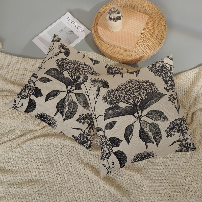 DAFENA Black Pillow Covers 18x18 Inch 2 Pcs Boho Vintage Floral Decor Throw Pillows Hydrangea Flower Seasonal Outdoor Farmhouse Neutral Accent Decoration Pillowcase Linen Cushion Cover for Couch - Image 5