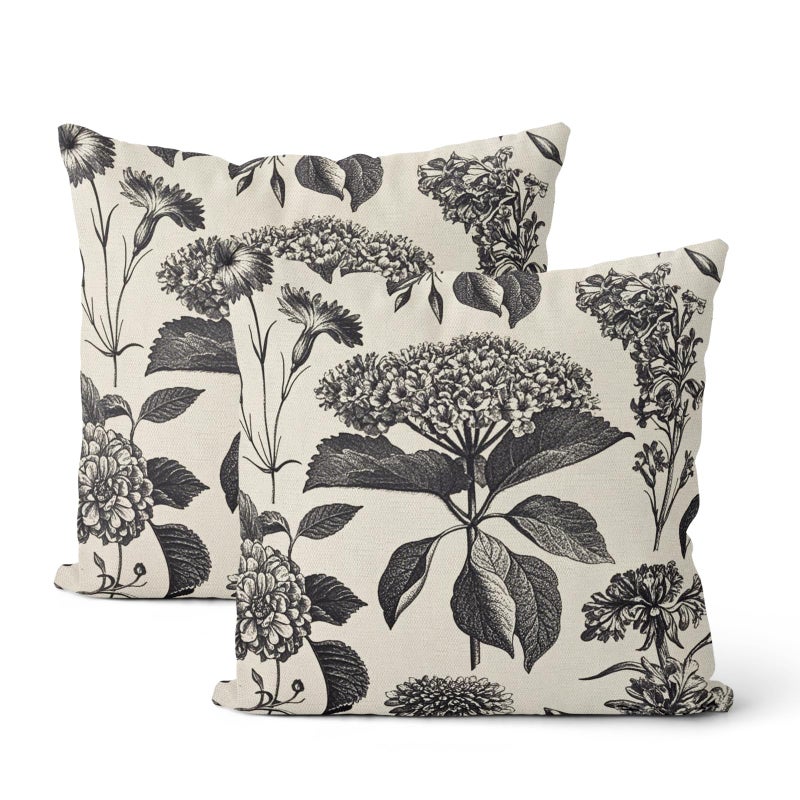 DAFENA Black Pillow Covers 18x18 Inch 2 Pcs Boho Vintage Floral Decor Throw Pillows Hydrangea Flower Seasonal Outdoor Farmhouse Neutral Accent Decoration Pillowcase Linen Cushion Cover for Couch - Image 1