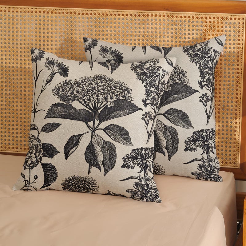 DAFENA Black Pillow Covers 18x18 Inch 2 Pcs Boho Vintage Floral Decor Throw Pillows Hydrangea Flower Seasonal Outdoor Farmhouse Neutral Accent Decoration Pillowcase Linen Cushion Cover for Couch - Image 2