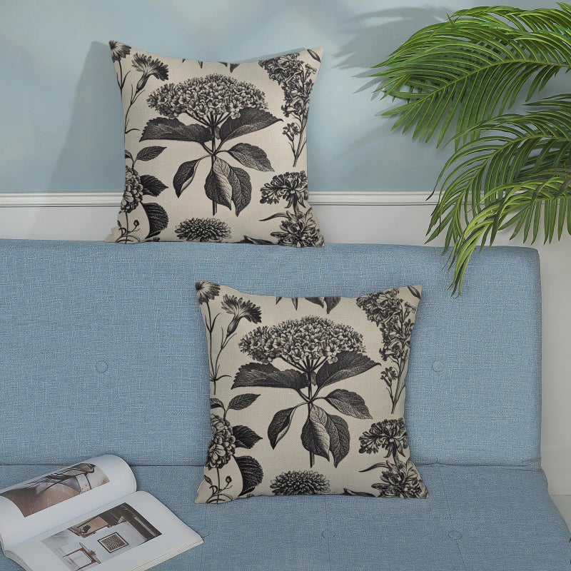 DAFENA Black Pillow Covers 18x18 Inch 2 Pcs Boho Vintage Floral Decor Throw Pillows Hydrangea Flower Seasonal Outdoor Farmhouse Neutral Accent Decoration Pillowcase Linen Cushion Cover for Couch - Image 3