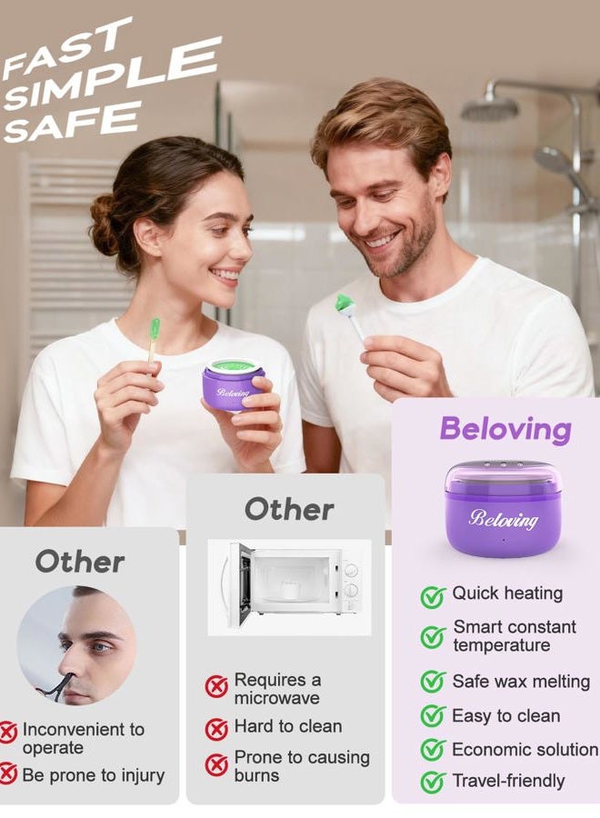 BELOVING Nose Wax Kit, Mini Wax Warmer Kit for Facial Hair Removal, Portable Wax Melt Warmer Waxing Machine Kit with 50g Wax, 6 Applicators, 6 Nose Hair Sticks, 6 Mustache Protectors for Women Men - Purple - Image 3