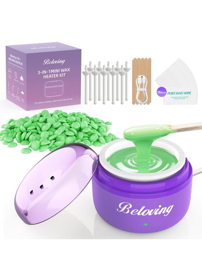 BELOVING Nose Wax Kit, Mini Wax Warmer Kit for Facial Hair Removal, Portable Wax Melt Warmer Waxing Machine Kit with 50g Wax, 6 Applicators, 6 Nose Hair Sticks, 6 Mustache Protectors for Women Men - Purple - Image 1
