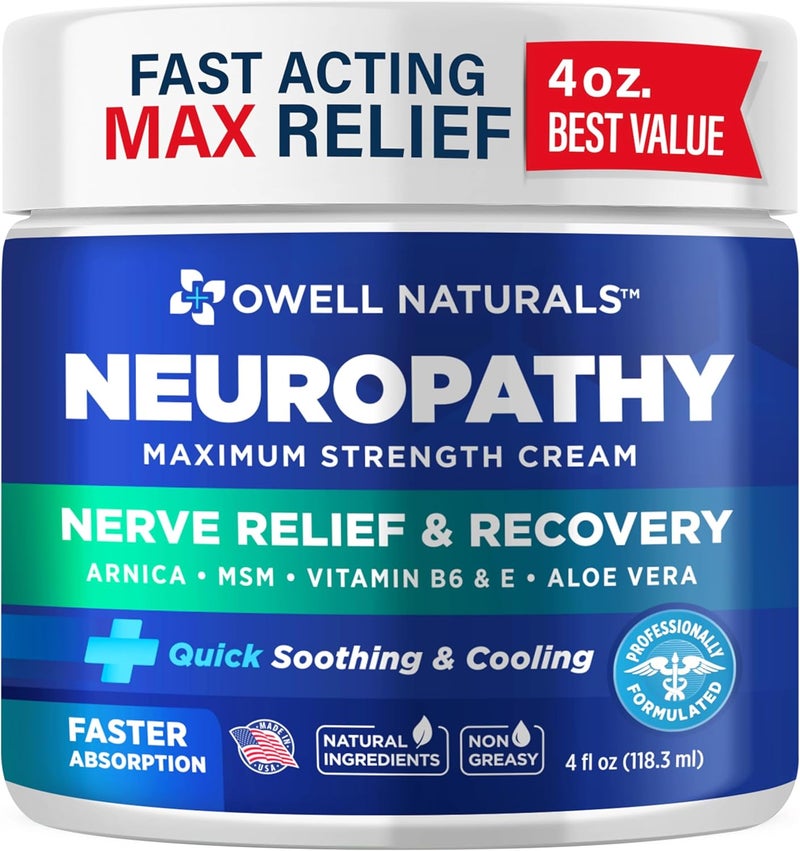 OWELL NATURALS Owell Naturals Neuropathy Nerve Relief Cream 4 Fl Oz (Pack of 1) Maximum Strength, Non Greasy, All Natural for Feet, Hands, Legs & Toes Discomfort, Made in USA