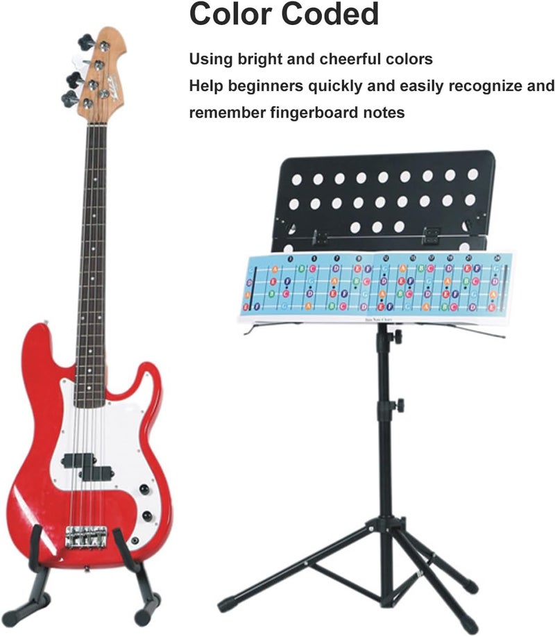 خريطة نغمات لوحة الأوتار لجيتار الباس من زوناتيه (Zunate Bass Guitar Fretboard Note Chart)، أداة تعليمية مُرمزة بالألوان لجيتار الباس ذو الأربعة أوتار (سواء الأكوستيكي أو الكهربائي)، دليل سهل للتعديل على الأوتار حسب الترتيب القياسي E، A، D، G. - Image 2
