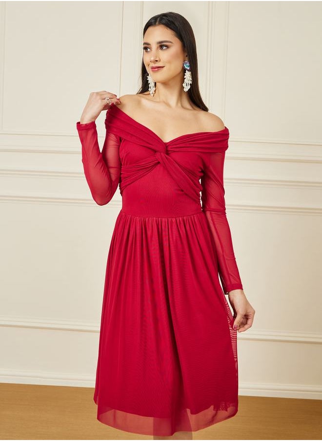 Styli Off Shoulder Neck Twist Detail Mesh Dress  - Image 2