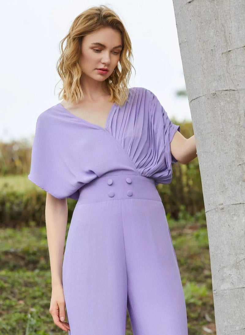 1PC Pleated Batwing Sleeve Solid Jumpsuit  - Image 4