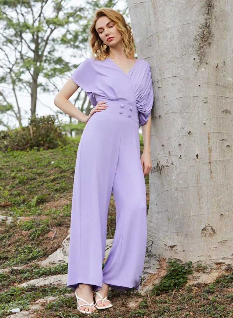 1PC Pleated Batwing Sleeve Solid Jumpsuit  - Image 5