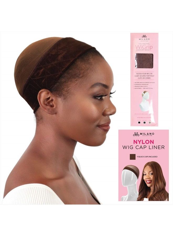 MILANO COLLECTION شريط راحة شعر مستعار من فيلفت WiGrip غير قابل للانزلاق مع حزمة قيمة من 9 قبعات شعر مستعار نايلون (بني) - Image 1