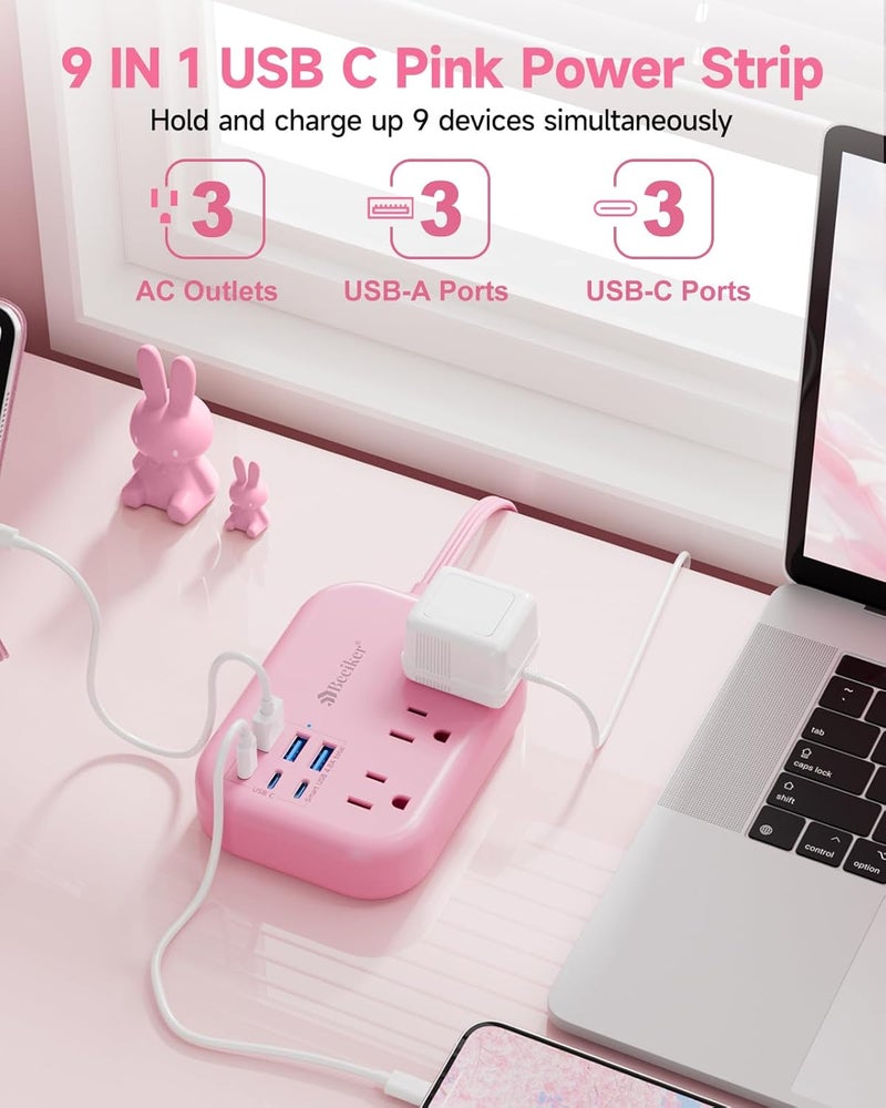 Beeiker 6 USB(3 USB C) Pink Power Strip- 5Ft Pink Extension Cord with 6 USB Charging Station 24W/4.8A and 3 Outlets, Pink Desk Accessories for Cruise Travel Pink Cute Kawaii College Dorm Desk Home Essentials - Image 3