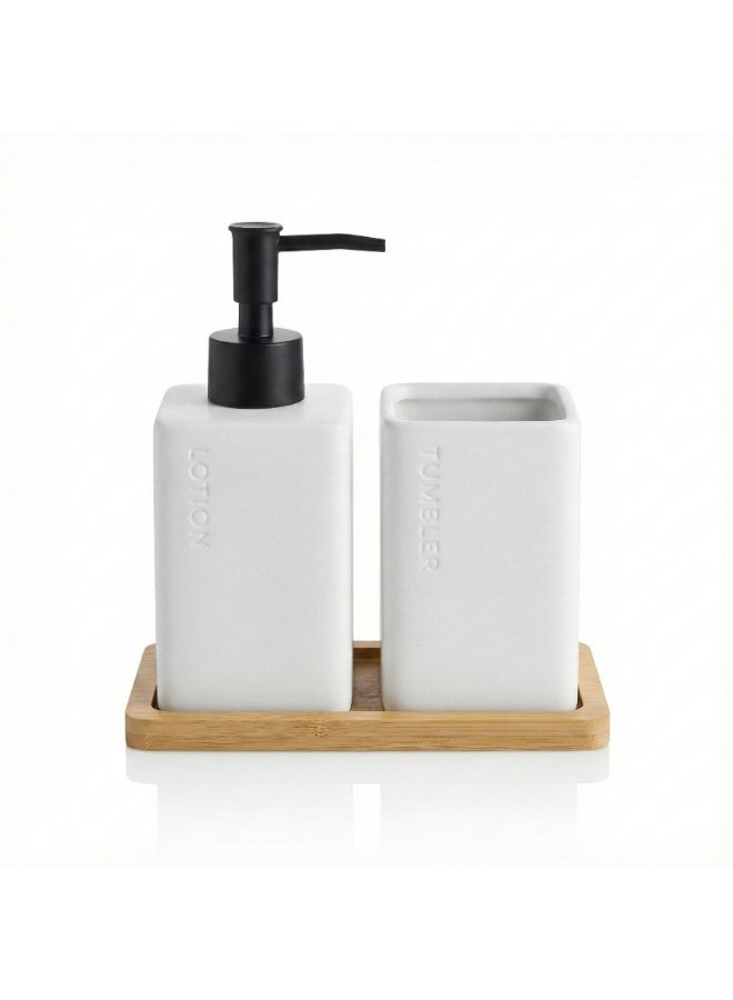 SOBHYS Ceramic Bathroom Countertop Set with Bamboo Tray, Soap/Lotion Dispenser, and Toothbrush Holder, Square Matte Finish, White and Black, 3 Pieces SOBHYS - Image 1