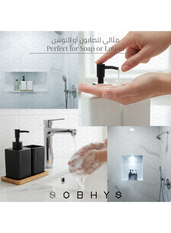 SOBHYS Ceramic Bathroom Countertop Set with Bamboo Tray, Soap/Lotion Dispenser, and Toothbrush Holder, Square Matte Finish, White and Black, 3 Pieces SOBHYS - Image 4