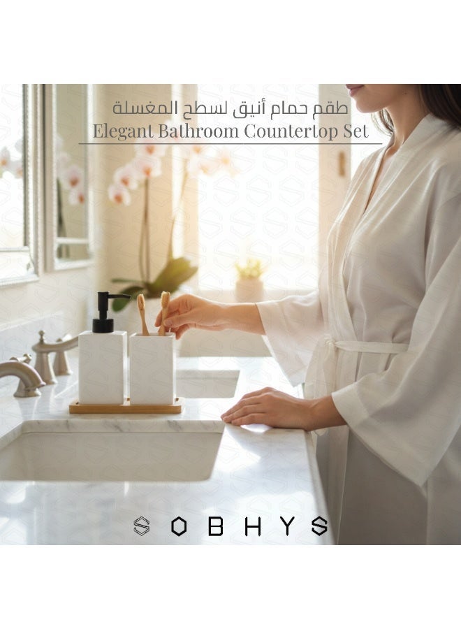 SOBHYS Ceramic Bathroom Countertop Set with Bamboo Tray, Soap/Lotion Dispenser, and Toothbrush Holder, Square Matte Finish, White and Black, 3 Pieces SOBHYS - Image 5