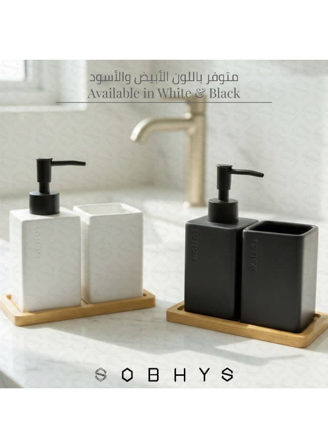 SOBHYS Ceramic Bathroom Countertop Set with Bamboo Tray, Soap/Lotion Dispenser, and Toothbrush Holder, Square Matte Finish, White and Black, 3 Pieces SOBHYS - Image 3