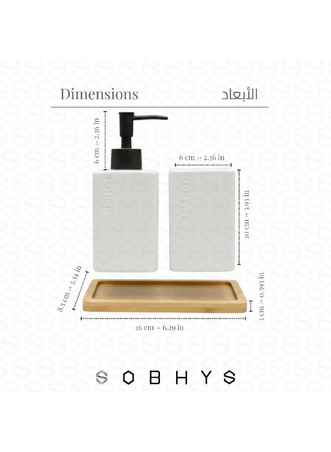 SOBHYS Ceramic Bathroom Countertop Set with Bamboo Tray, Soap/Lotion Dispenser, and Toothbrush Holder, Square Matte Finish, White and Black, 3 Pieces SOBHYS - Image 2