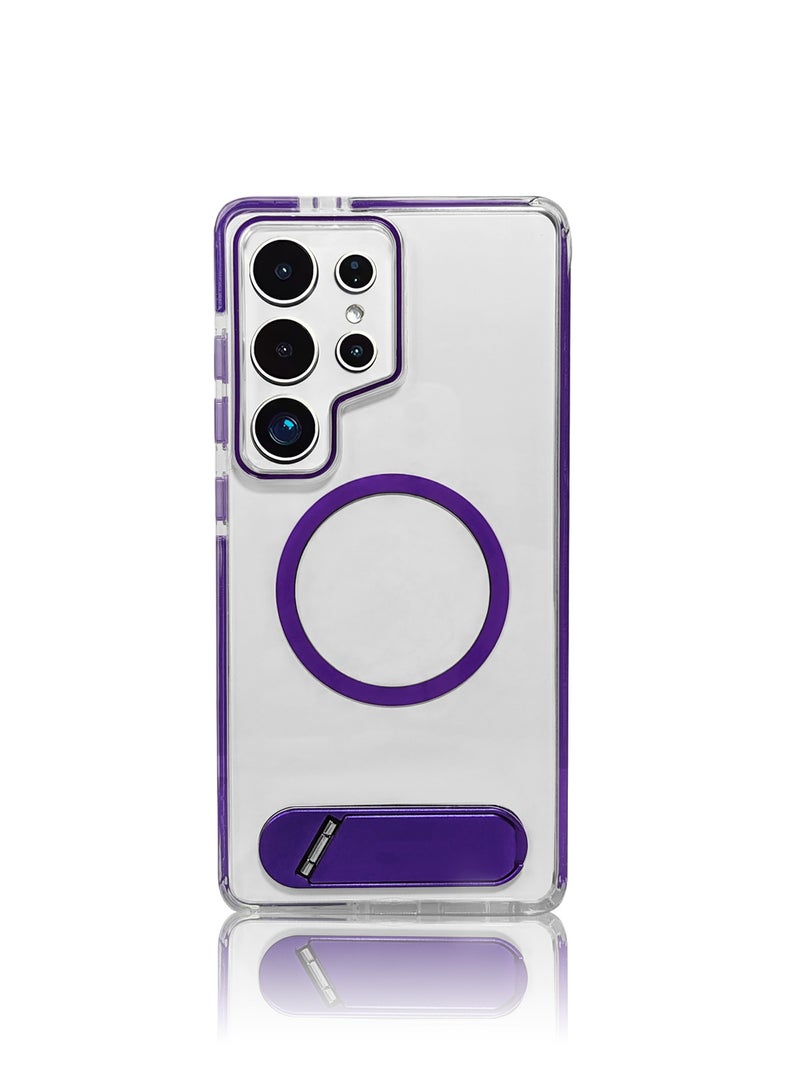 Luxury TPU PC Crystal clear Magnetic Phone case With Holder Stand for Samsung Galaxy S24 Ultra case With Metal Stand - Purple - Image 1