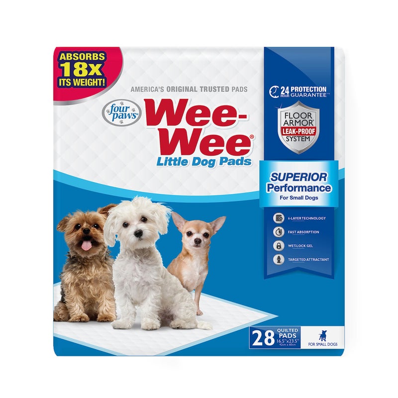 Four Paws Wee-Wee Superior Performance Unscented Little Pee Pads for Small Dogs, Leak-Proof Dog Housebreaking Potty Training Floor Protection, 16.5"x23.5", 28 Count - Image 1