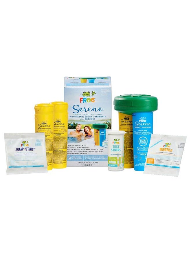 Frog Serene® Floating Sanitizing System + 2 Bromine Cartridges + 1 FROG Maintain® Non-Chlorine Shock Treatments for Hot Tubs - Image 1
